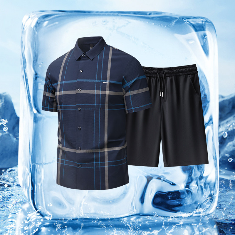 【所有爸妈的幸福家直播间】鹿竹凉感冰丝套装爸爸短袖衬衫裤子男