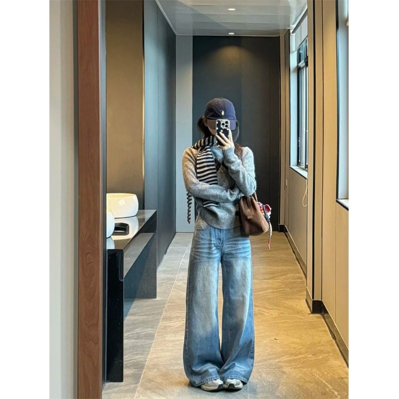 小个子美式折痕宽松阔腿牛仔裤设计感150CM高腰显瘦直筒拖地裤XS,淘宝优惠券,粉丝福利购,淘宝优惠卷