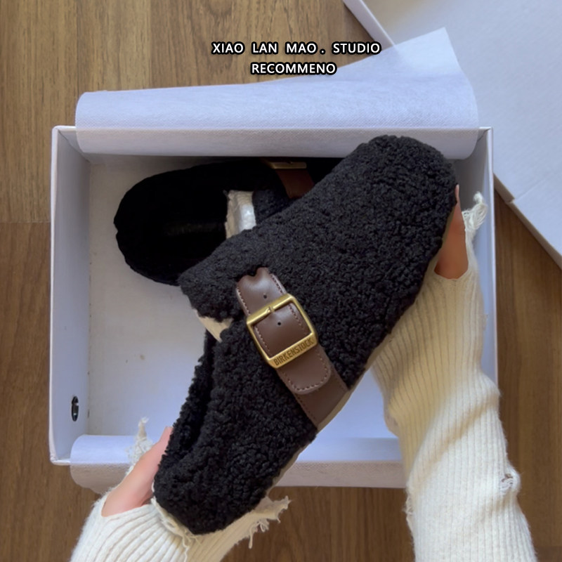 黑色绝美毛毛鞋女2025秋冬款时尚皮带扣加绒懒人一脚蹬厚底勃肯鞋,淘宝优惠券,粉丝福利购,淘宝优惠卷