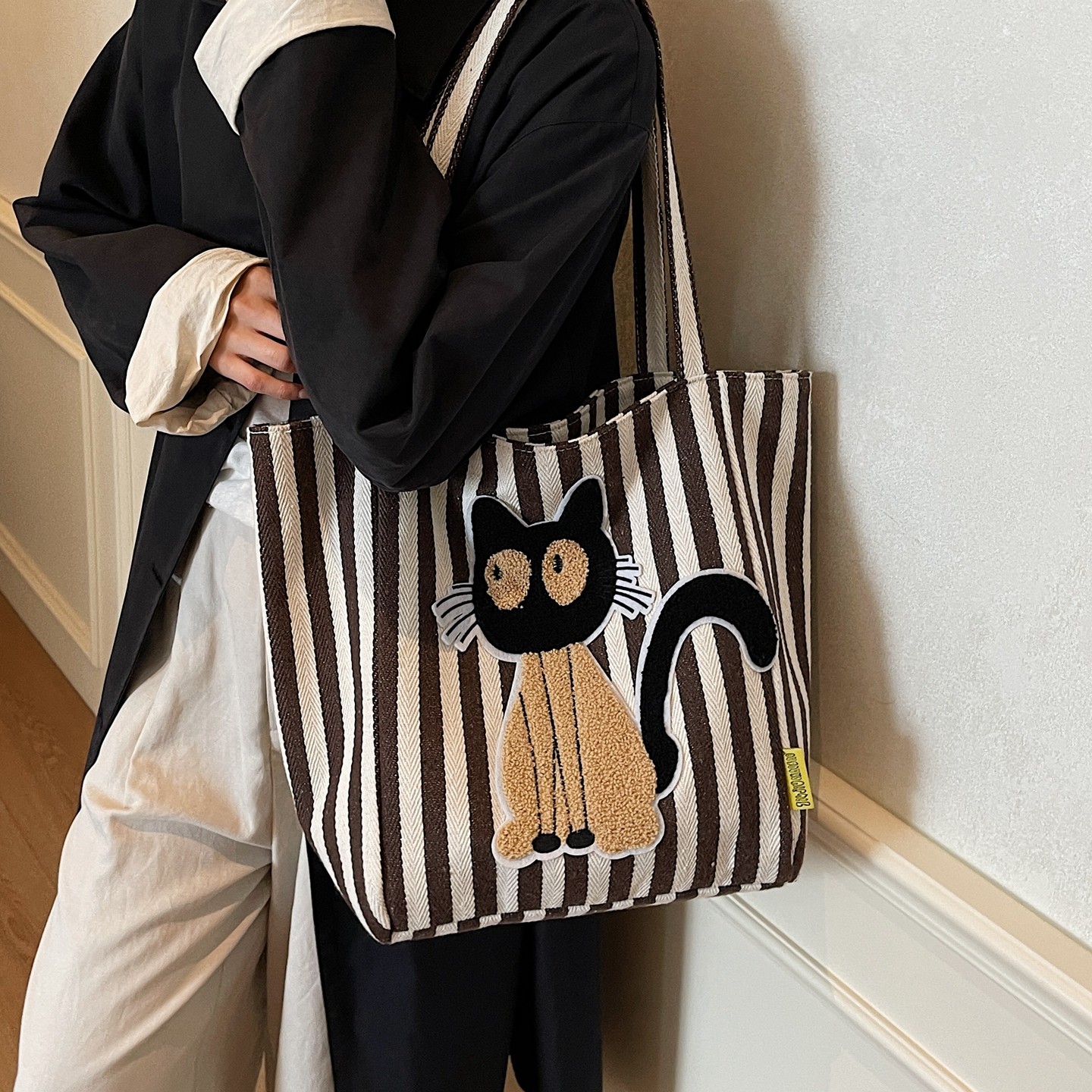 条纹帆布包女2026新款休闲大容量托特包卡通猫咪通勤单肩包手提袋,淘宝优惠券,粉丝福利购,淘宝优惠卷