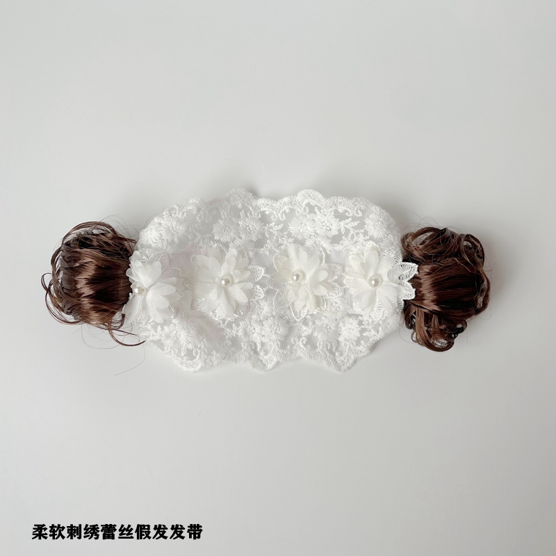 新款宝宝新生儿婴儿周岁假发发带发饰棉线蕾丝头花护囟门韩国头饰 - 图2