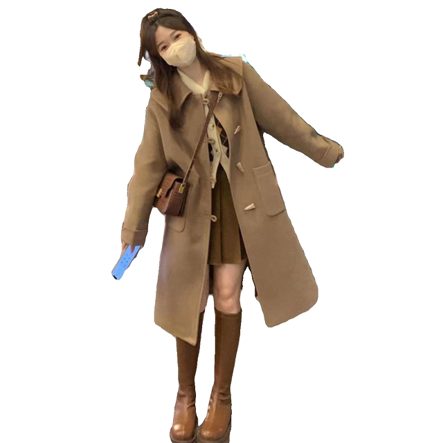 大衣2023年新款加厚秋冬季毛呢小个子风衣牛角扣外套中长款高级感