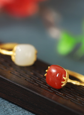 S925纯银镀金南红玛瑙复古个性竹节竹叶开口女士戒指指环