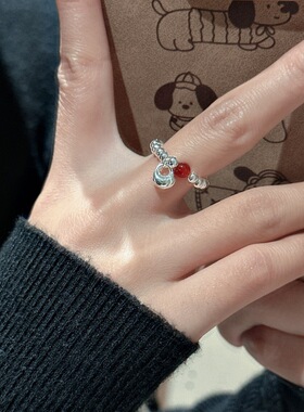 S925纯银韩版秤砣红玛瑙戒指新中式设计感简约新年款指环