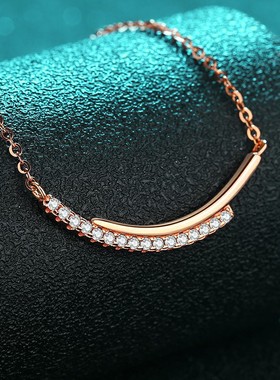 S925纯银莫桑石香槟金项链女微笑排钻线条链简约高级清冷感