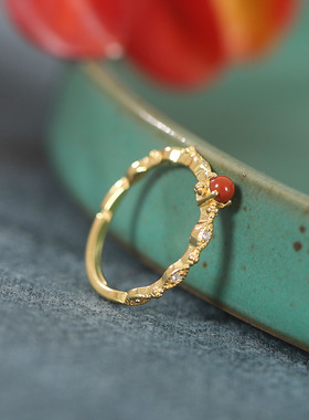 925银南红玛瑙戒指圆形满色满肉柿子镶锆简约原创设计东南亚指环