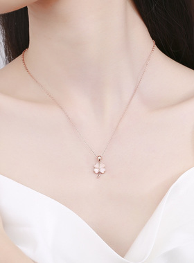 四叶草猫眼石项链女925纯银小众轻奢水晶锁骨链设计感玫瑰金吊坠