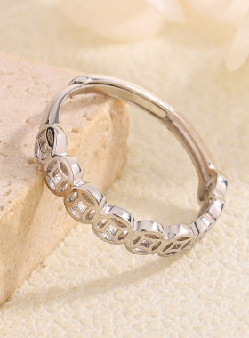 S925纯银铜钱戒指女轻奢高级感简约钱币指环镂空开口可调节食指戒