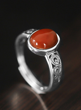 S925银复古时尚银饰指环创意浪花纹设计镶蛋面石3色女款戒指