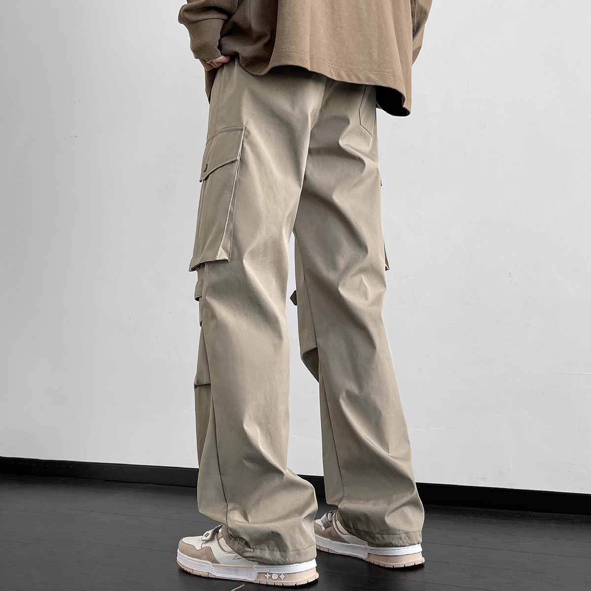 防泼水工装直筒裤男加肥大码长裤潮流胖束脚宽松美式机能高街春季 - 图2
