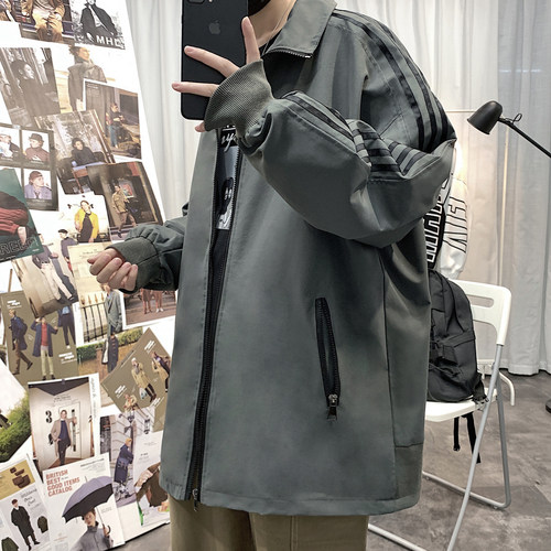 三条杠薄款夹克男外套加肥加大码春秋装宽松潮流胖子韩版运动青年 - 图0