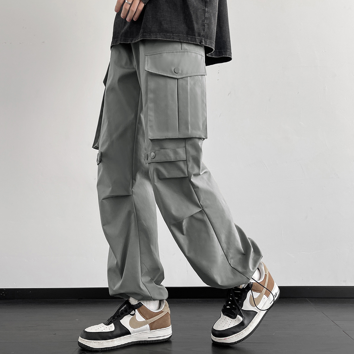 防泼水工装直筒裤男加肥大码长裤潮流胖束脚宽松美式机能高街春季 - 图1