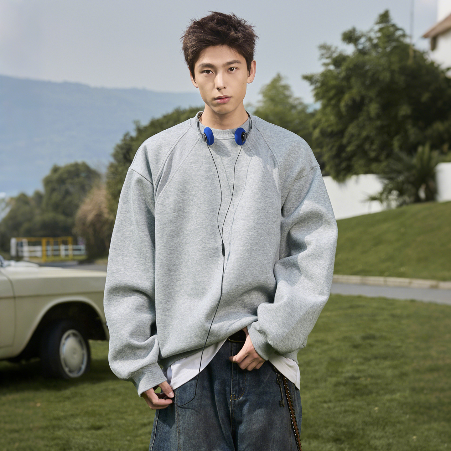 廓形套头衫纯色卫衣男加肥加大码潮胖子宽松运动秋季休闲长袖T恤 - 图0