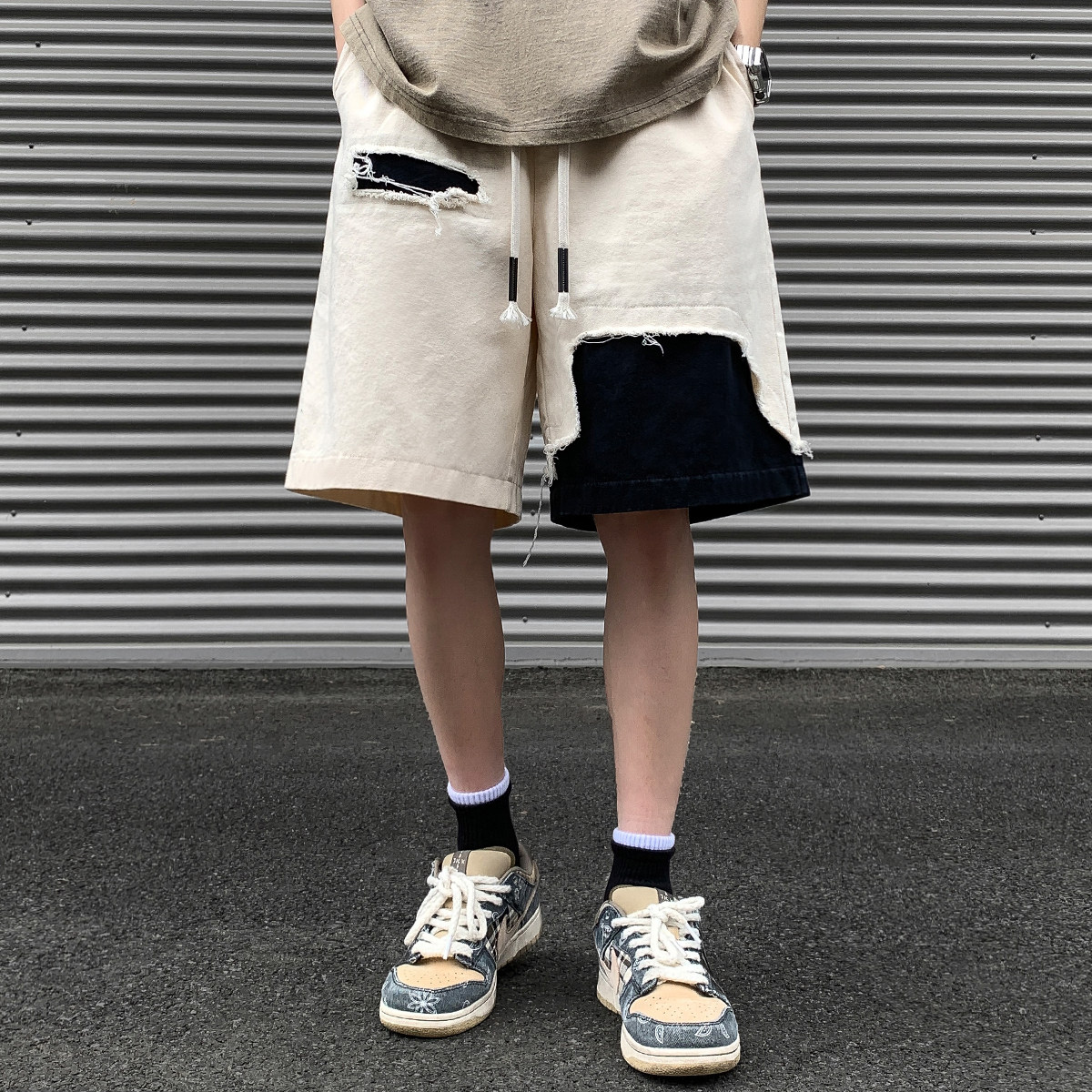 破洞毛边拼接五分短裤男加肥加大码潮牌胖子宽松直筒裤夏季装街头,淘宝优惠券,粉丝福利购,淘宝优惠卷