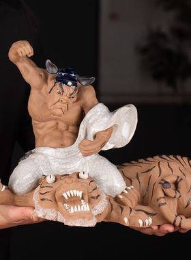 陶瓷人物雕塑纯手工高温烧制水浒英雄人物武松打虎客厅家居装饰品