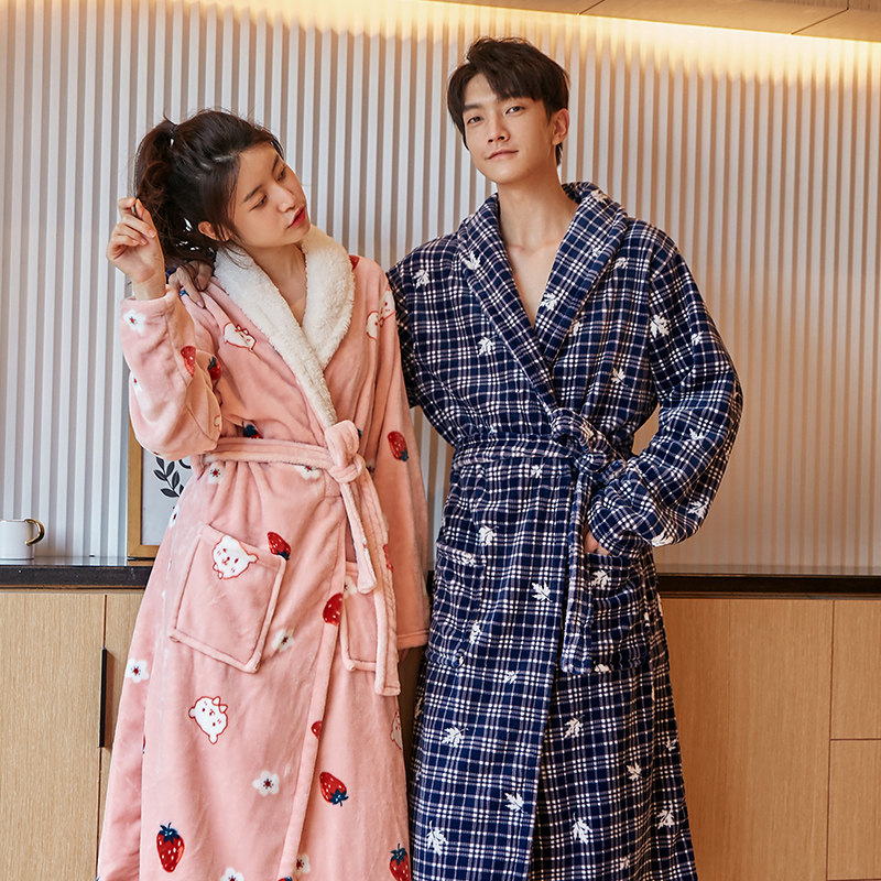 情侣珊瑚绒女春秋冬季加绒男士睡袍 格格咪睡袍/浴袍
