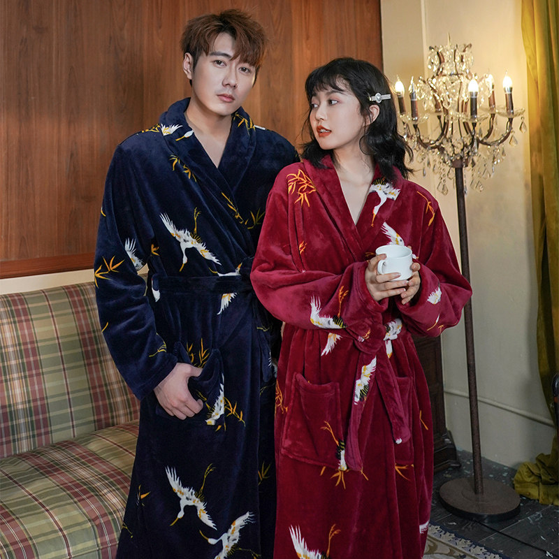 情侣珊瑚绒女春秋冬季加绒男士睡袍 格格咪睡袍/浴袍