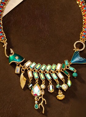 中古重工鱼骨流苏项链高级vintage时尚欧美项链复古镶钻轻奢项链