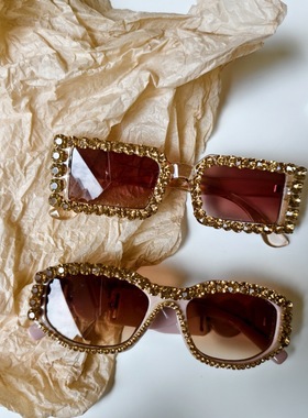 香槟色系带砖大框镶钻欧美潮墨镜