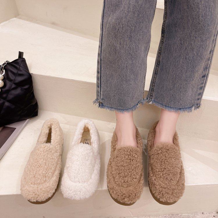 毛毛鞋女秋冬外穿2025年新款松糕厚底羊羔毛白色一脚蹬豆豆鞋孕妇,淘宝优惠券,粉丝福利购,淘宝优惠卷