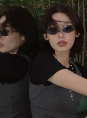 酷酷的黑色复古无边框墨镜长方形小脸防晒中古凹造型太阳眼镜街拍