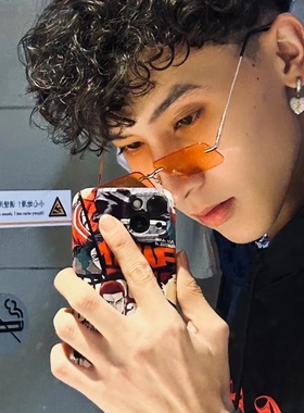 来点橘色无框切边窄长方形太阳眼镜小框拍照ins潮流街拍个性墨镜