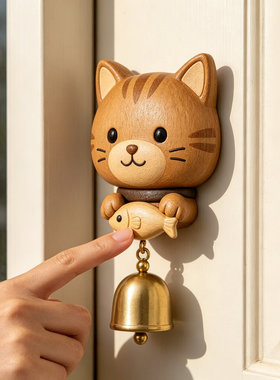 卡通小猫铃铛免打孔粘胶门铃提醒器家用入户门开门提示铃装饰摆件