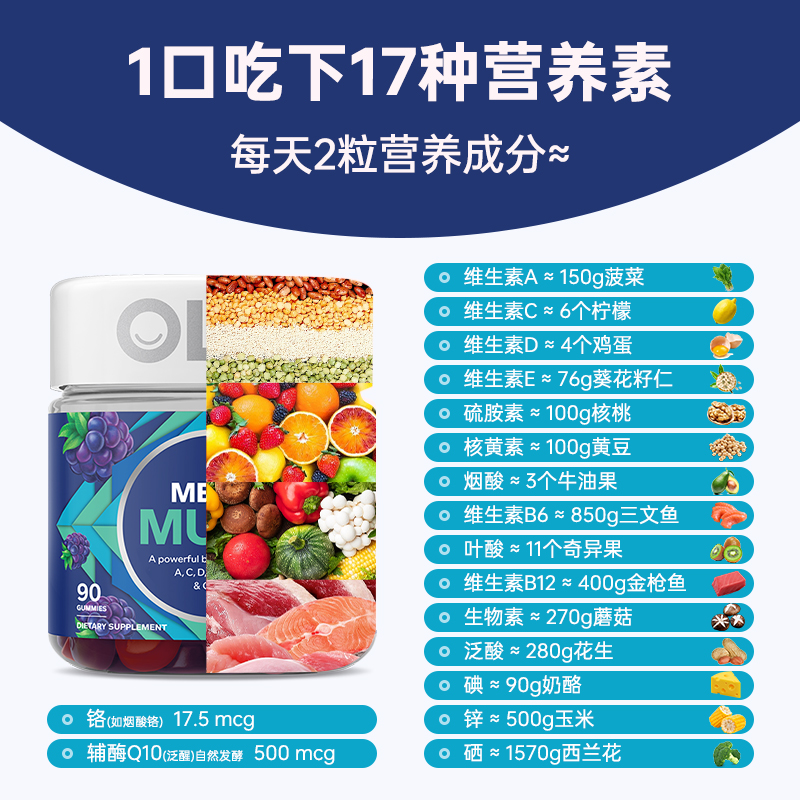 美国OLLY男性女性复合维生素软糖90粒VC综合矿物质B族增强体质
