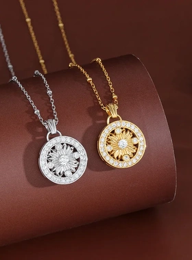 s925纯银轻奢太阳花圆牌吊坠镶钻项链女黄金大气项锁骨链韦雪同款