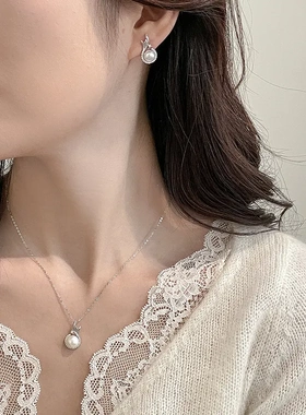 原创珍珠鱼尾项链女925纯银几何法式复古ins风锁骨链优雅气质吊坠