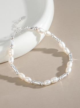 S925纯银新中式竹节珍珠手链女轻奢百搭珍珠银珠手饰小众设计感
