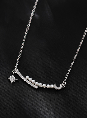s925纯银星月项链女ins法式高级感复古珍珠锁骨链小香风气质高奢