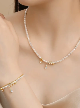 原创珍珠灵蛇项链女纯银新中式复古小香风小米珠毛衣链蛇年项饰品