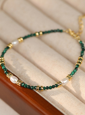 孔雀绿珍珠手链925纯银复古轻奢新中式手串博主同款ins手饰