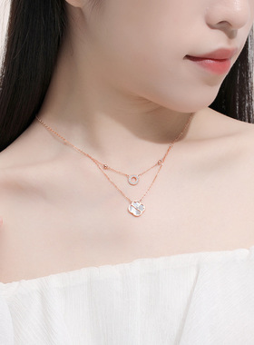2024新款双层四叶草925纯银项链女玫瑰金几何白贝母吊坠送女友
