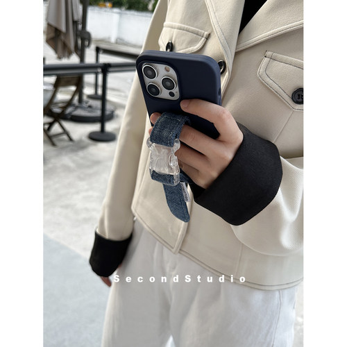 原创复古蓝色适用苹果17液态硅胶软壳14牛仔腕带iPhone16promax手机壳15pro全包防摔13保护壳16 - 图0
