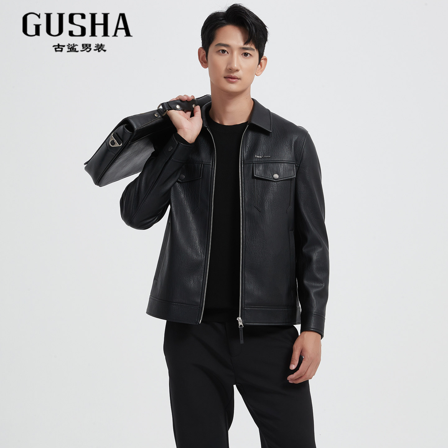 【行政风】古鲨黑色翻领皮衣男轻奢荔枝纹商务PU皮夹克外套2026春,淘宝优惠券,粉丝福利购,淘宝优惠卷
