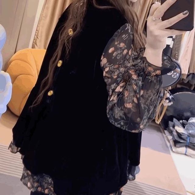 Ruffled black loose hip-covering mid-length top, lazy style overshirt, gold velvet patchwork chiffon shirt for women