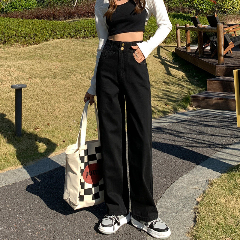 黑色高腰阔腿2023年春秋裤显瘦裤子 prepfix牛仔裤