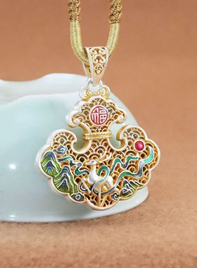 纯银珐琅彩描金千里江山仙鹿项链