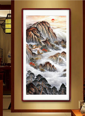 竖版泰山日出靠山图无水山水画国画水墨山水画玄关中式挂画微喷
