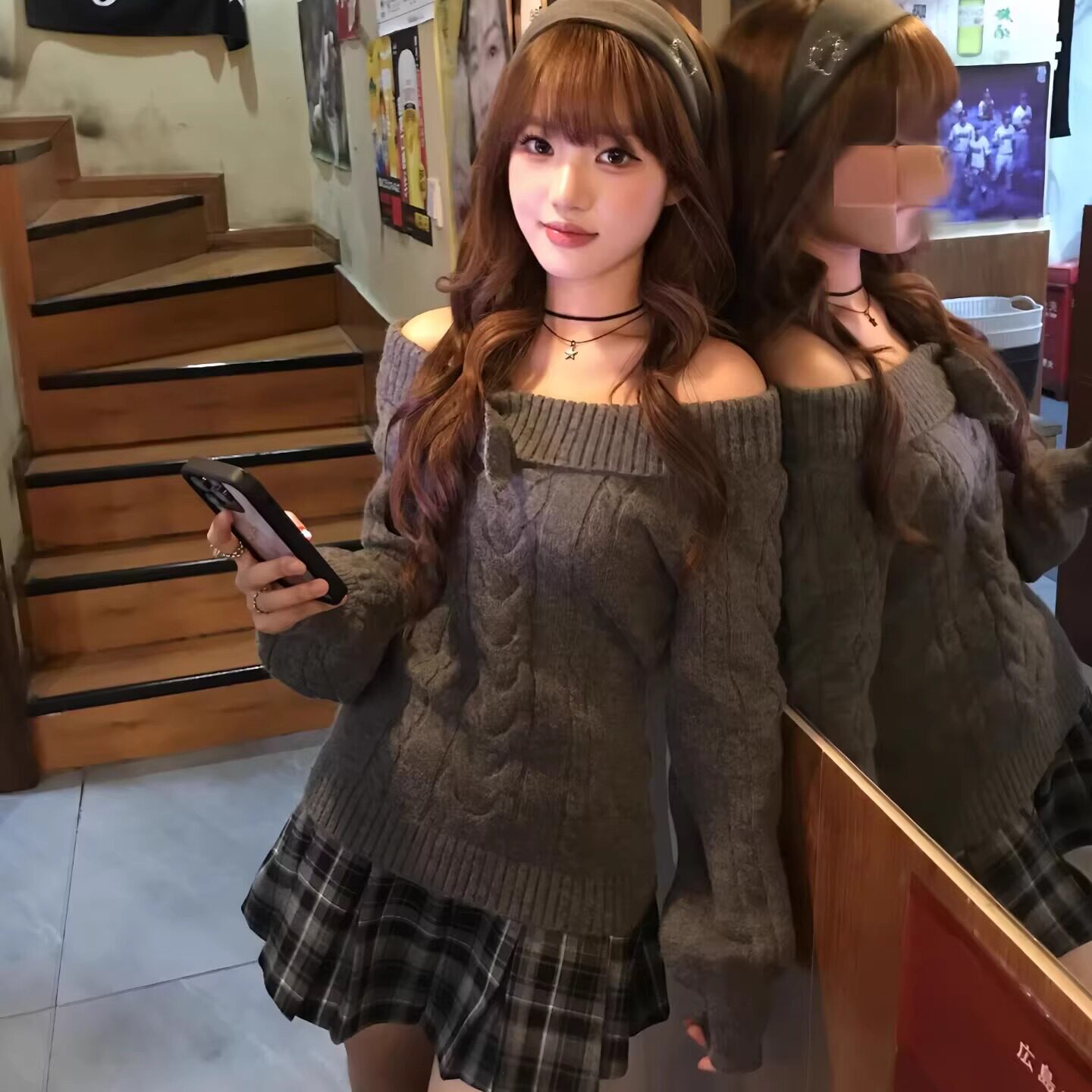 设计感麻花毛衣收腰修身显瘦上衣露肩一字肩兔耳红色灰色针织杉女,淘宝优惠券,粉丝福利购,淘宝优惠卷