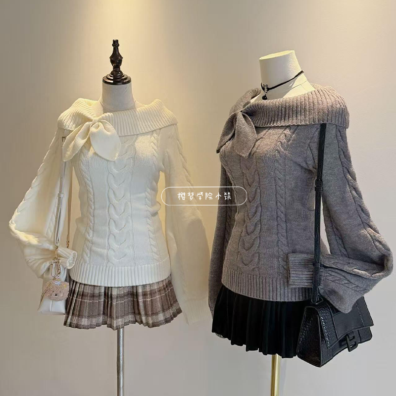 设计感麻花毛衣收腰修身显瘦上衣露肩一字肩兔耳红色灰色针织杉女,淘宝优惠券,粉丝福利购,淘宝优惠卷