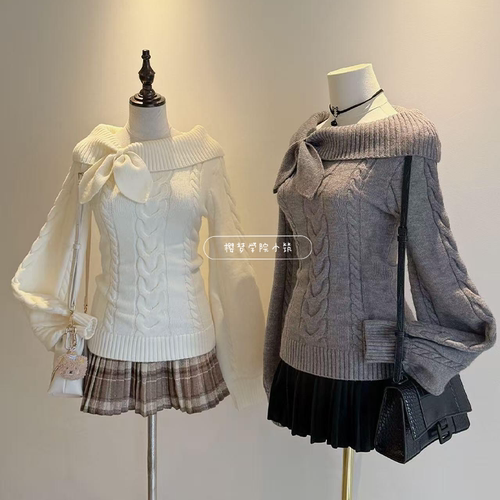 设计感麻花毛衣收腰修身显瘦上衣露肩一字肩兔耳红色灰色针织杉女 - 图2