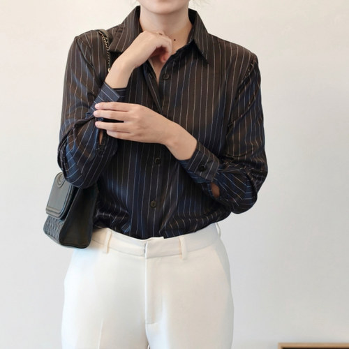 原创实拍衬衫女设计高级感重磅高端气质黑色条纹长袖衬衣职业OL风 - 图3