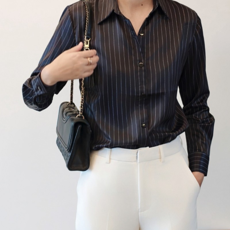 原创实拍衬衫女设计高级感重磅高端气质黑色条纹长袖衬衣职业OL风 - 图1