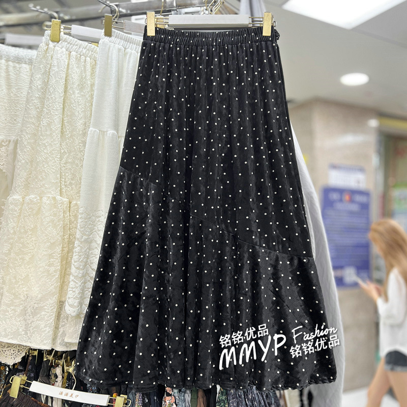 复古高腰波点丝绒半身裙女秋冬2025新款垂感黑色a字裙鱼尾长裙子 - 图0