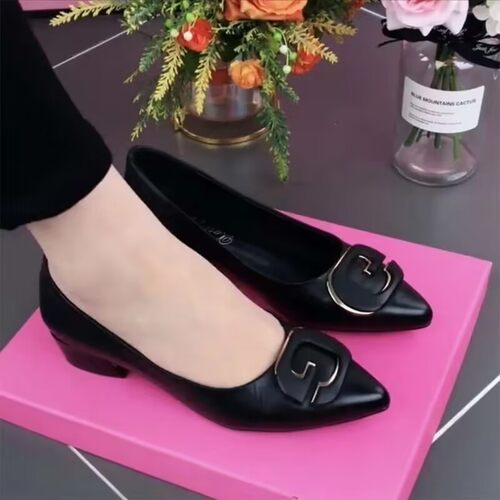 品牌真皮尖头浅口单鞋女2025新款春秋粗跟皮鞋软底低跟夏款平底鞋 - 图1