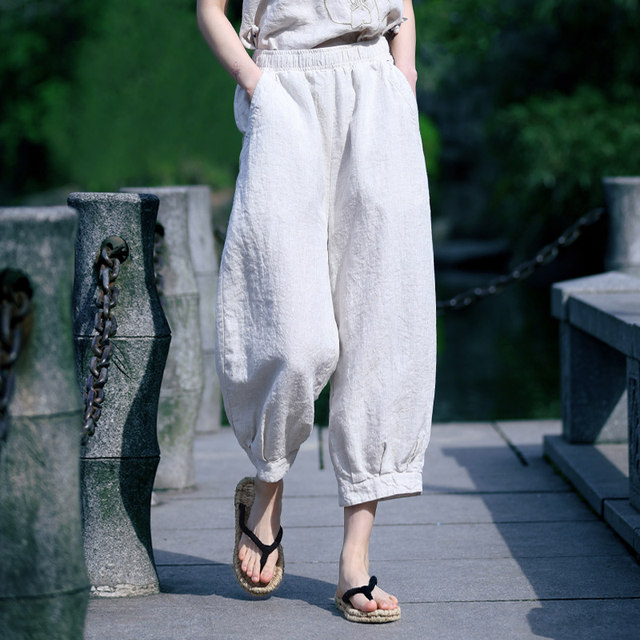 Furuishihou Original Elastic Waist Breathable Linen Cropped Pants