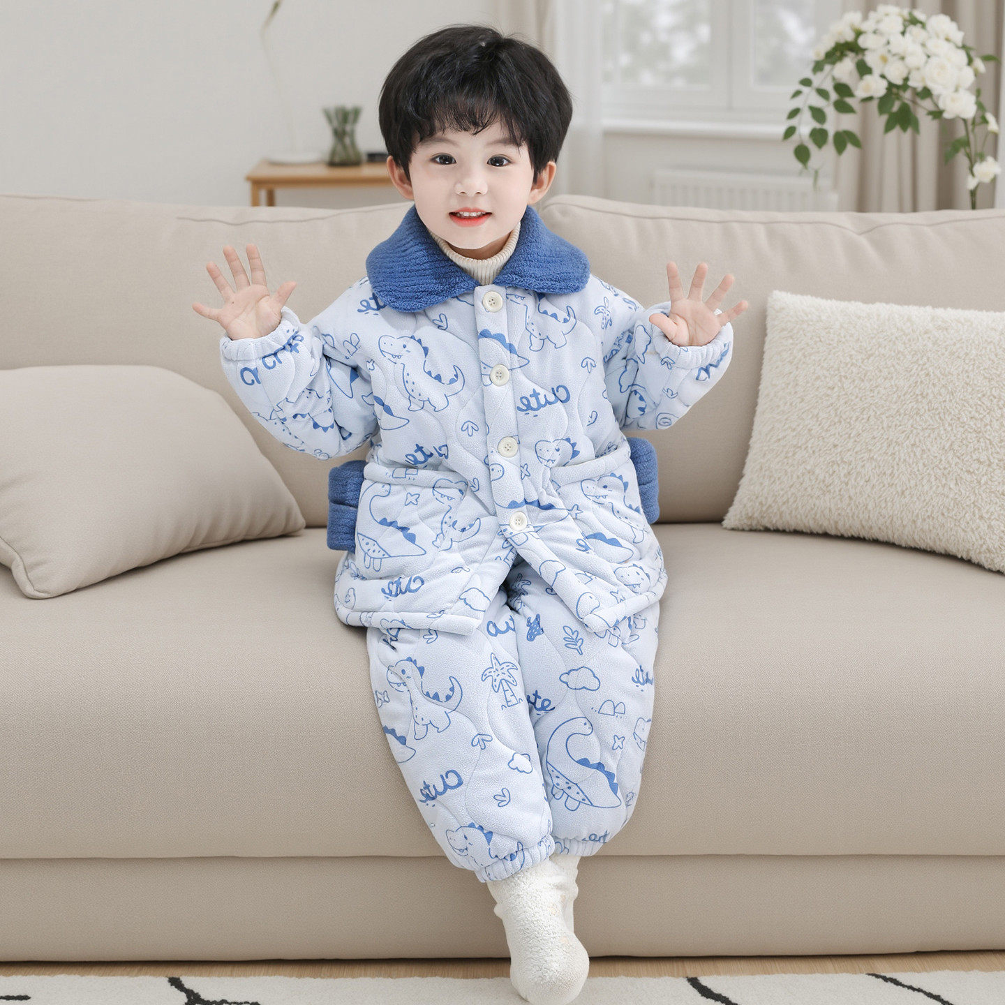 男童卡通恐龙三层夹棉睡衣套装小男孩冬季加加厚保暖家居服两件套,淘宝优惠券,粉丝福利购,淘宝优惠卷